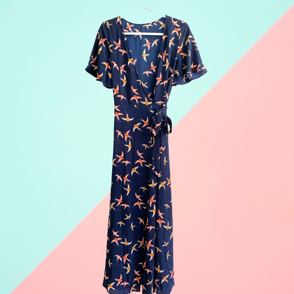 Navy Blue Bird Wrap Dress